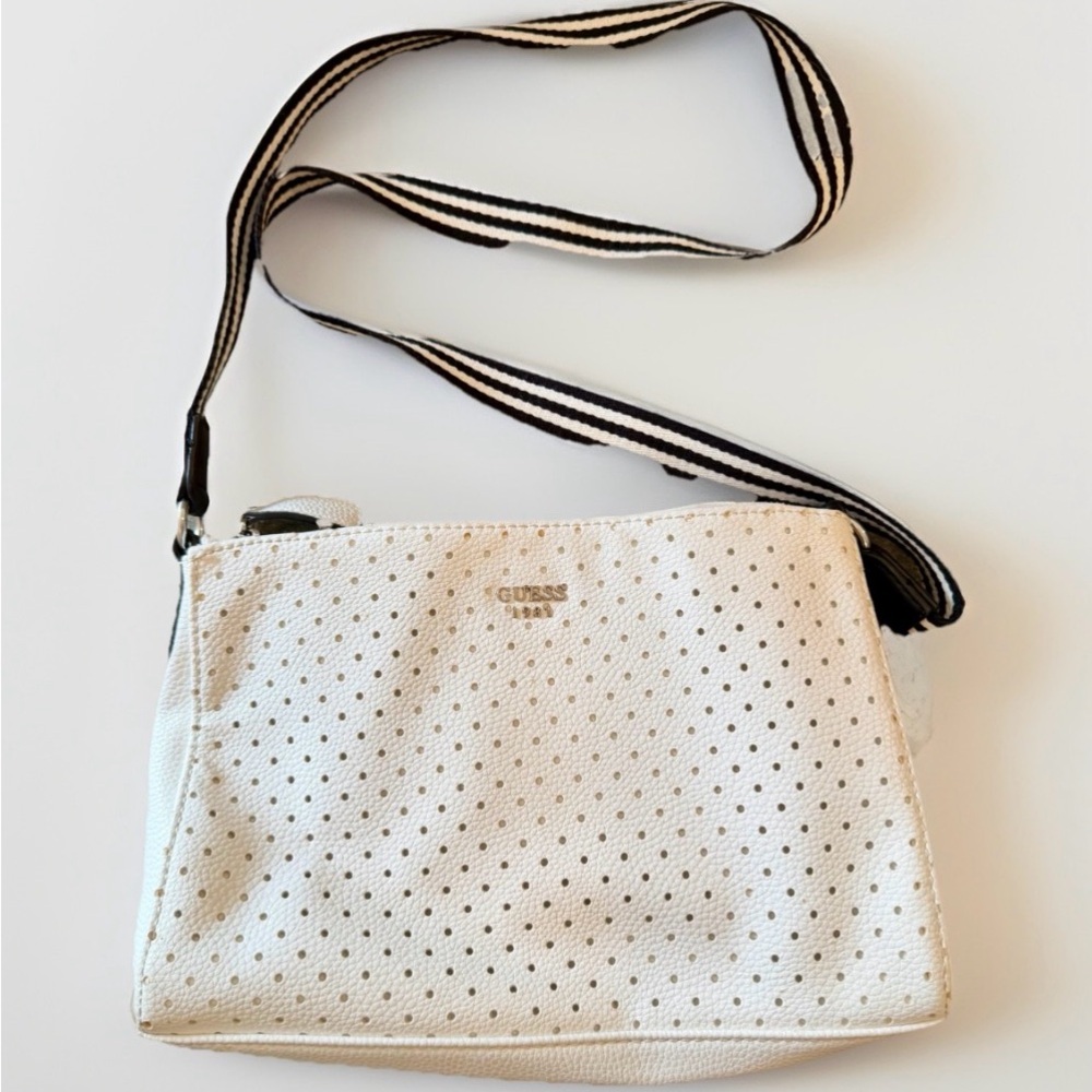 GUESS 1981 White Perforated Crossbody Tote Bag Zip Closure Inner Pockets